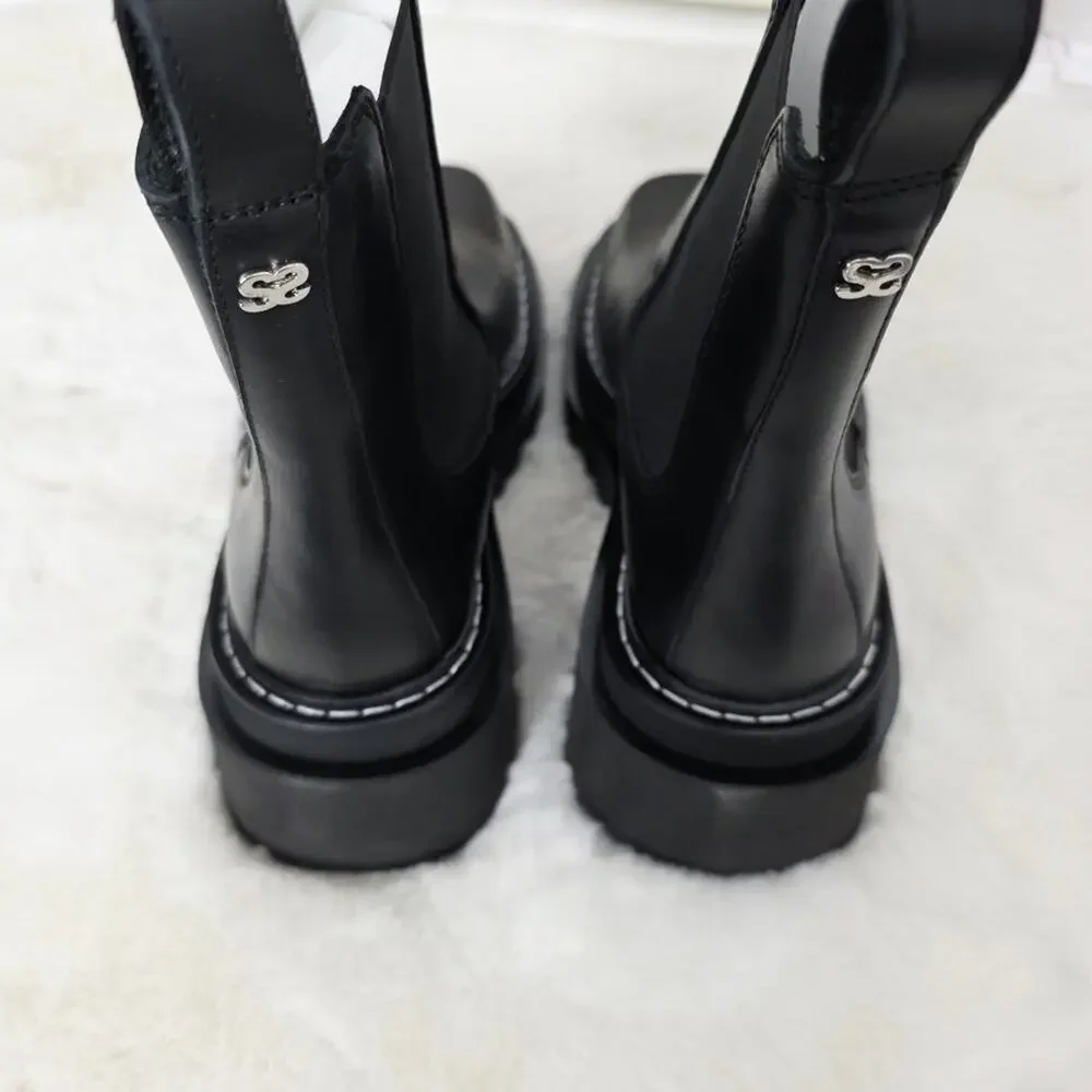 NEW Sandro Paris Black Leather Chelsea Boots Chunky Lug Sole Square Toe EU 37 - Picture 7 of 16